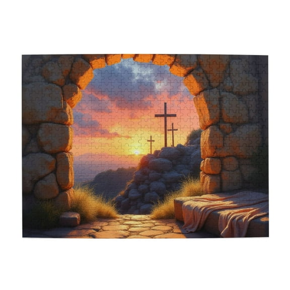 500 Piece Jigsaw Puzzle For Adults Sunset Crosses Stone Arch Three Crosses Scenic View Challenging & Relaxing Puzzle Great Gift Idea 20.5X15In