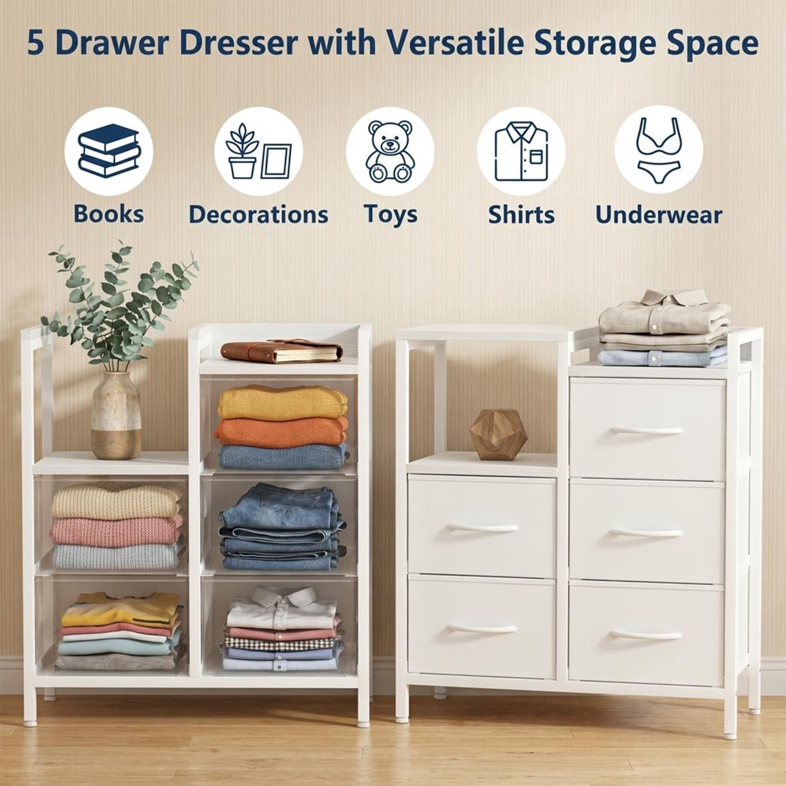 5-Drawer Mobile Filing Cabinet Organizer - Rolling Printer Stand, Open Storage Shelf, Lateral File for A4/Letter, Under Desk Office Storage, White