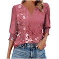 thumbnail image 2 of JTZGDY Blouses for Women Dressy Casual V Neck Boho Floral Printed 3/4 Smocked Cuff Sleeve Womens Tops Trendy Summer Graphic T-Shirts Wine XL, 2 of 8