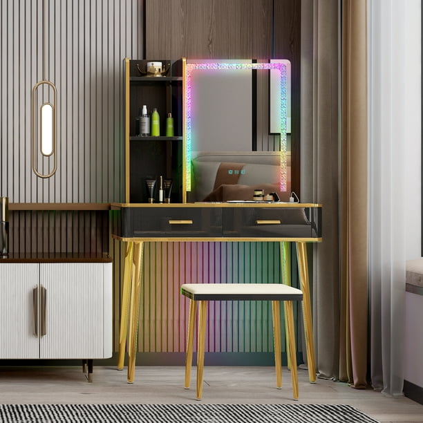 LVSOMT Makeup Vanity Desk Set with Charging Station and RGB Lights