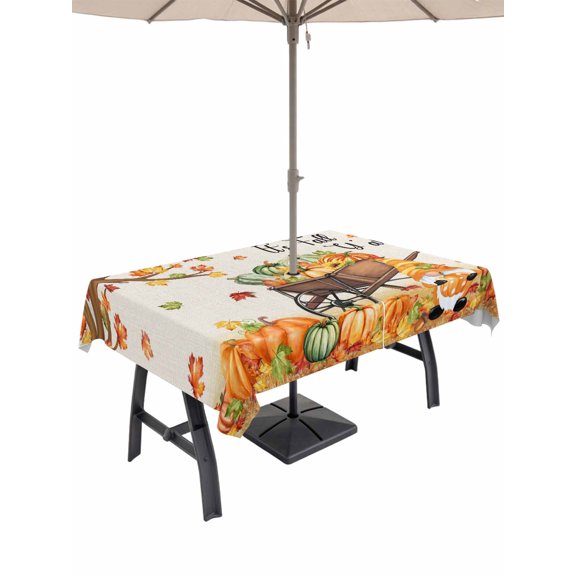 Outdoor Tablecloth with Umbrella Hole and Zipper, Fall Maple Leaves Rectangle Table Cloth 60x120 Inch Waterproof Tablecloth, Pumpkin Thanksgiving Gnomes Rustic Squirrel Picnic Table Cover for Patio