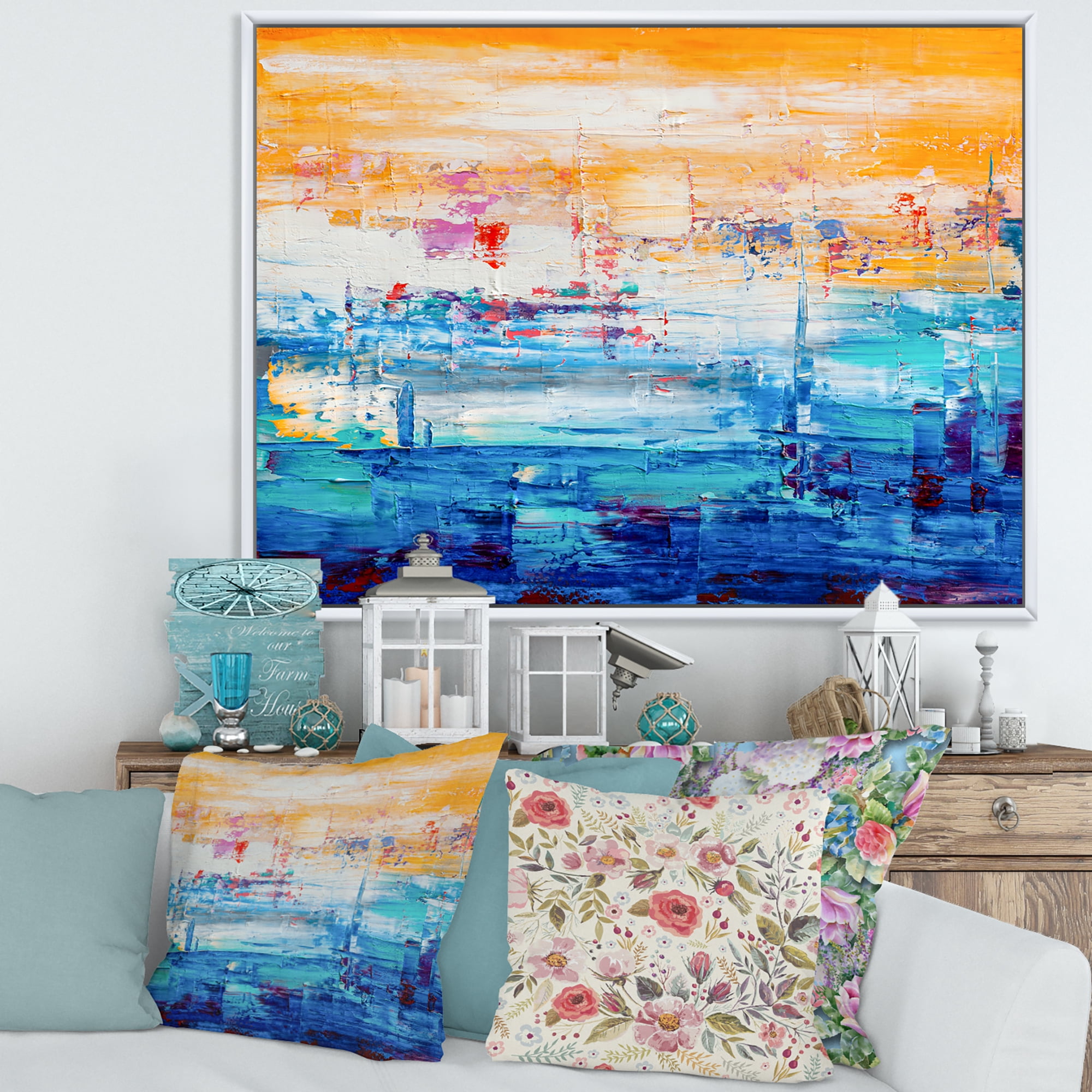 Designart 'Blue Meet Orange Abstract' Modern Framed Canvas Wall Art Print