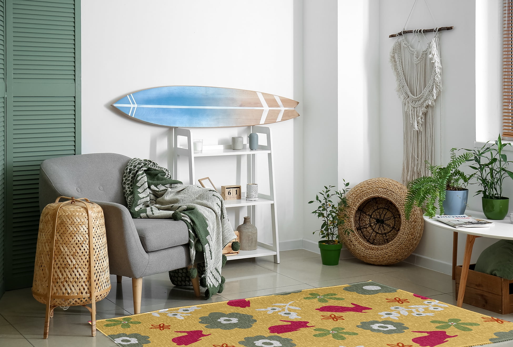 4' x 6' Simply Daisy Flowery Love with Bunnies Traditional Chenille Area Rug, Daffodil Yellow-Pink
