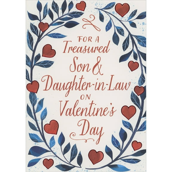 Designer Greetings Oval Border of Red Hearts with Foil Outlines and Blue Vines and Leaves Valentine's Day Card for Son and Daughter-in-Law