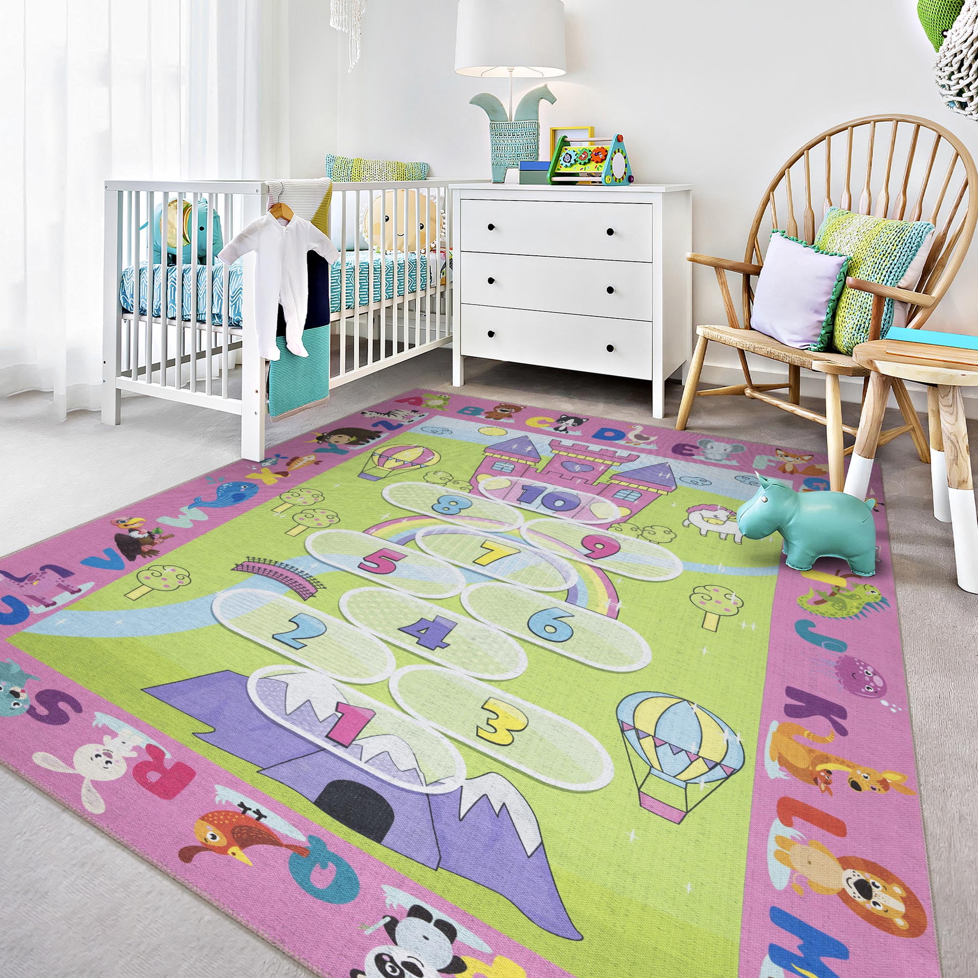 Ottomanson Washable Flatweave Kids Hopscotch Princess 5x7 Play Mat Area Rug, 5' x 7', Pink