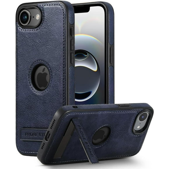 TEMOGU-Compatible with iPhone 16e Case with Stand, Metal Kickstand, Premium Leather TPU Hybrid Case Cover for iPhone 16e,Blue