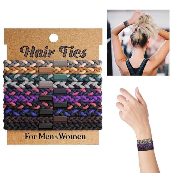 Yoqb 10 Pieces Braided Hair Ties for Men, Unisex Boho Hair Bands for Buns Curly Thick Dense Hair, No Damage Stretchy Fancy Hair Ties Bracelet Hair Ties (10PCS)A108