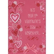 Designer Greetings It's Our 1st Valentine's Day Together: 3D Tip On Flowers, Pink Ribbon, Heart Border and Vine Borders Hand Decorated Valentine's Day Card