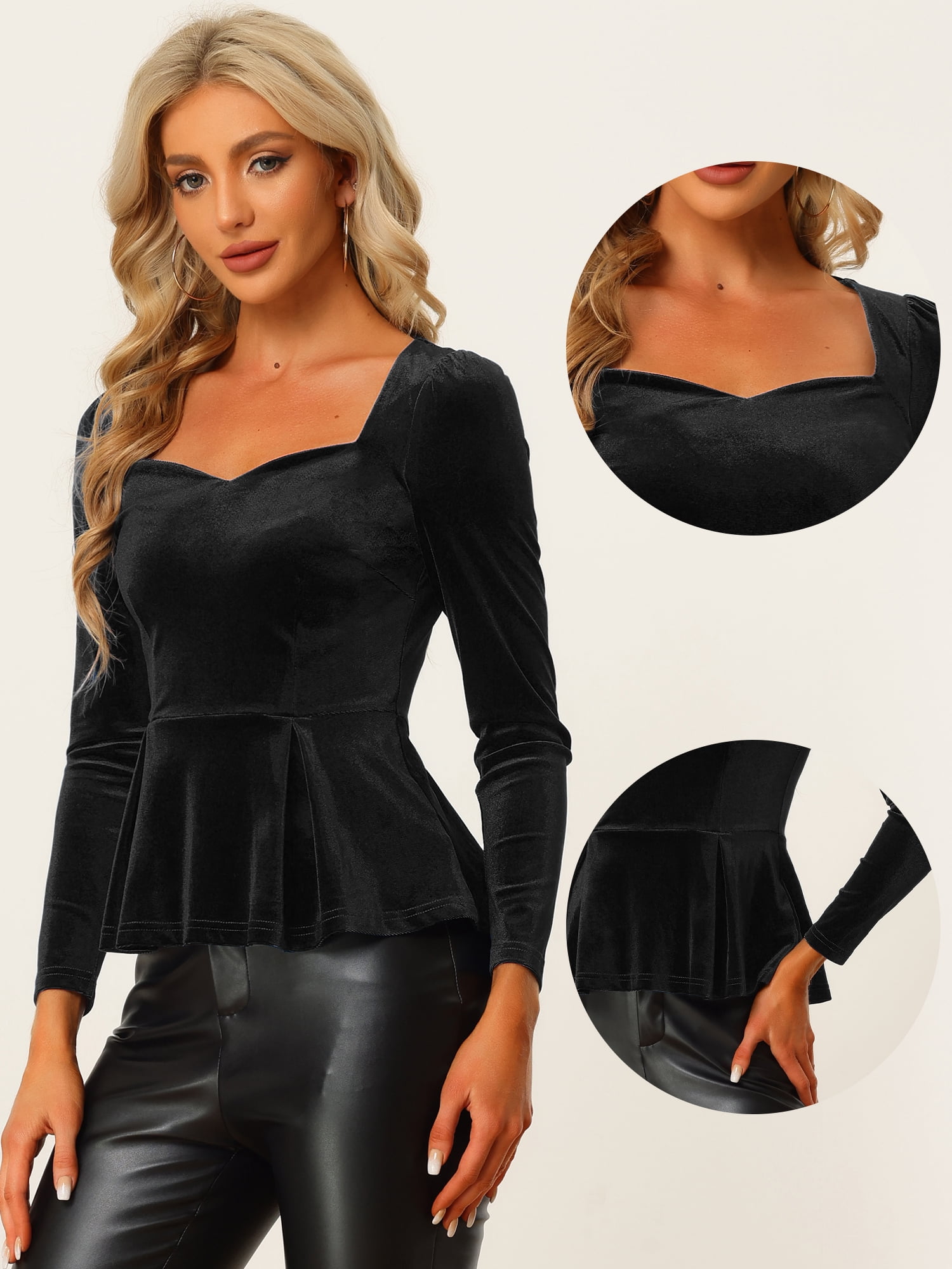 DARING DIVA Elegant Velvet Sweetheart Neck Peplum Top M Black