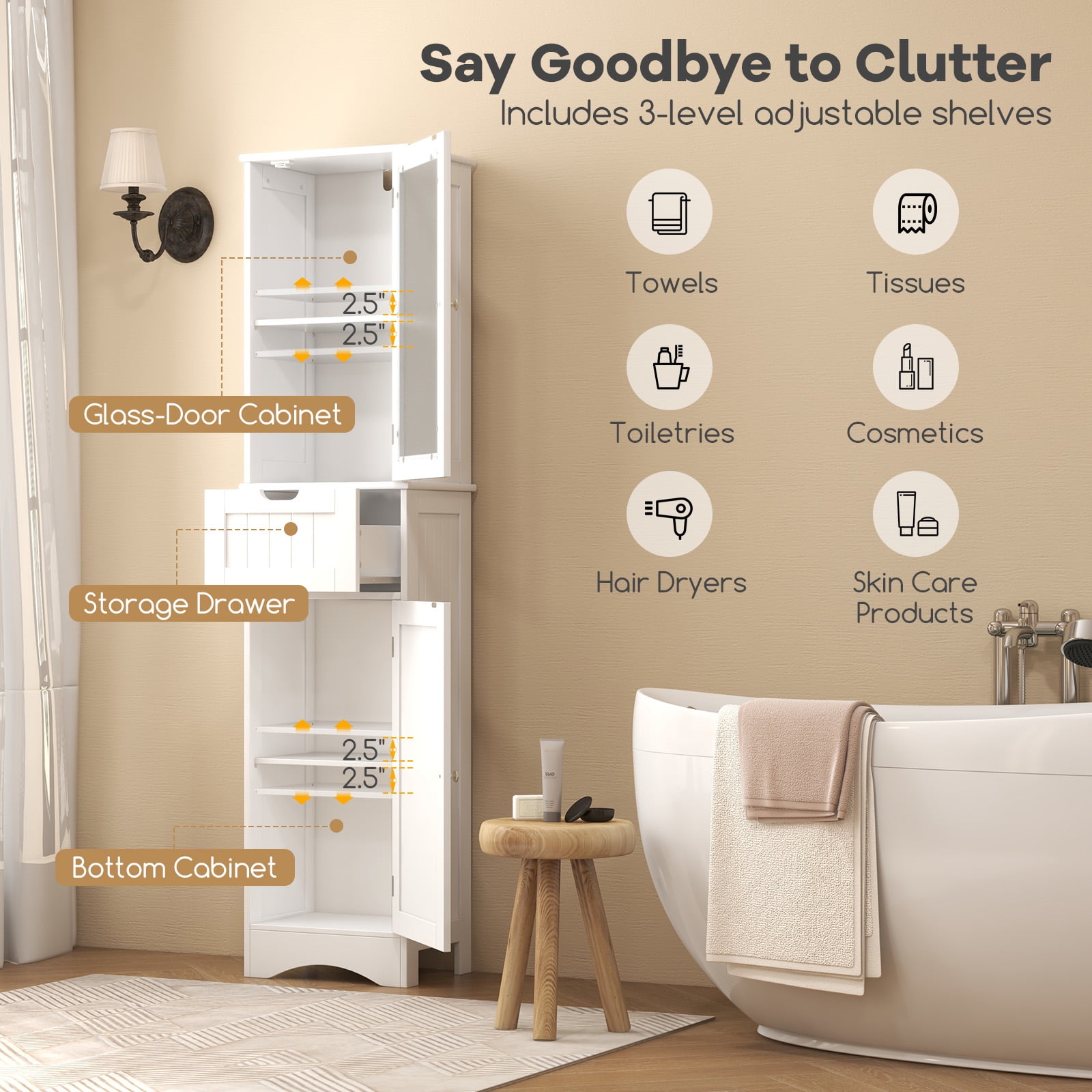 Giantex Tall Bathroom Storage Cabinet, Narrow Slim Linen Tower, Freestanding Floor Cabinet, White