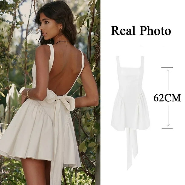 Mingmingxi-Vestido corto de algodón con espalda descubierta para mujer, minivestido Sexy blanco con lazo grande, informal, para vacaciones de cumpleaños, recién llegados