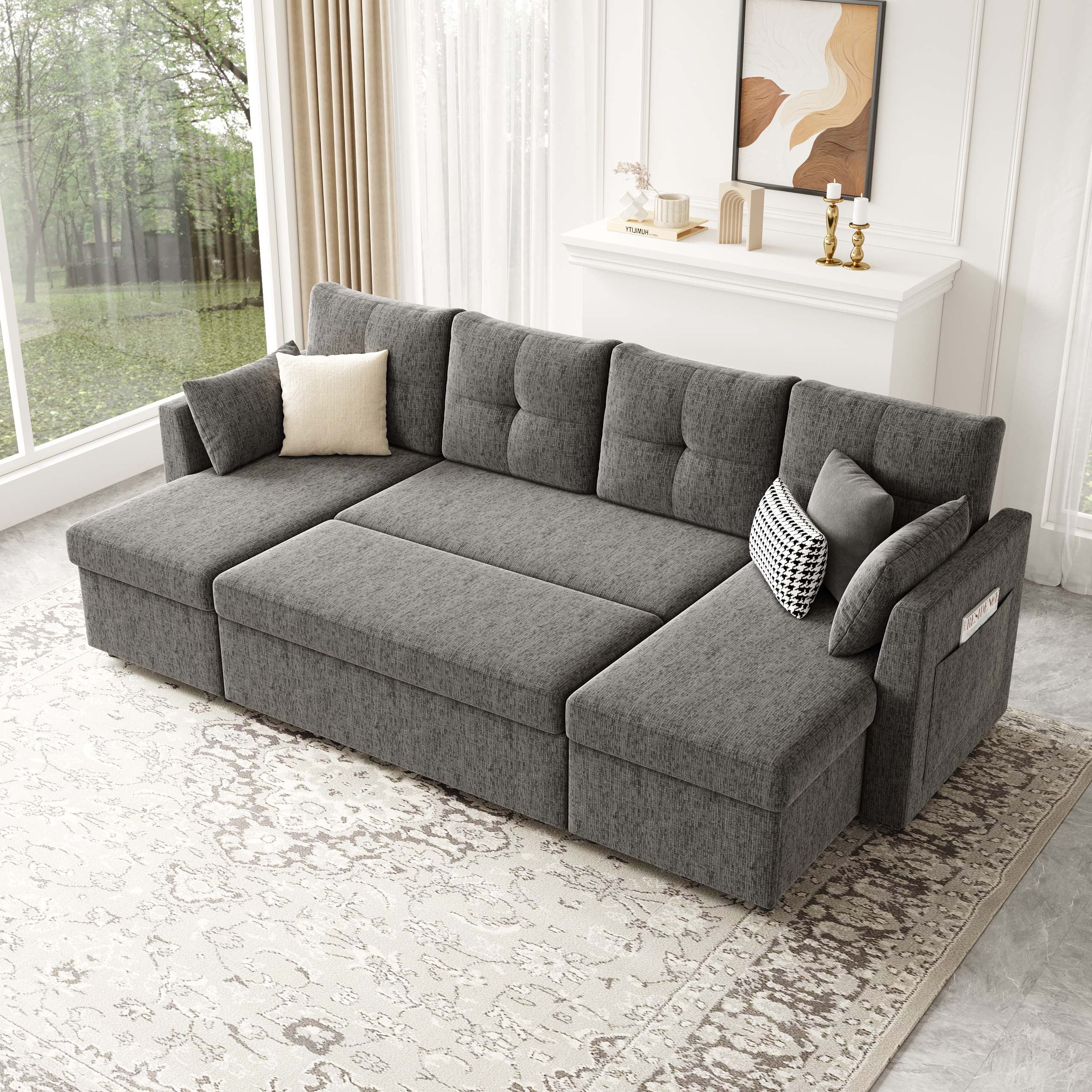 Mangodan 110 inch Sectional Oversized Sleeper Sofa with Side Pocket , Pullout Couch Bed with Double Storage Chaise, Dark Grey