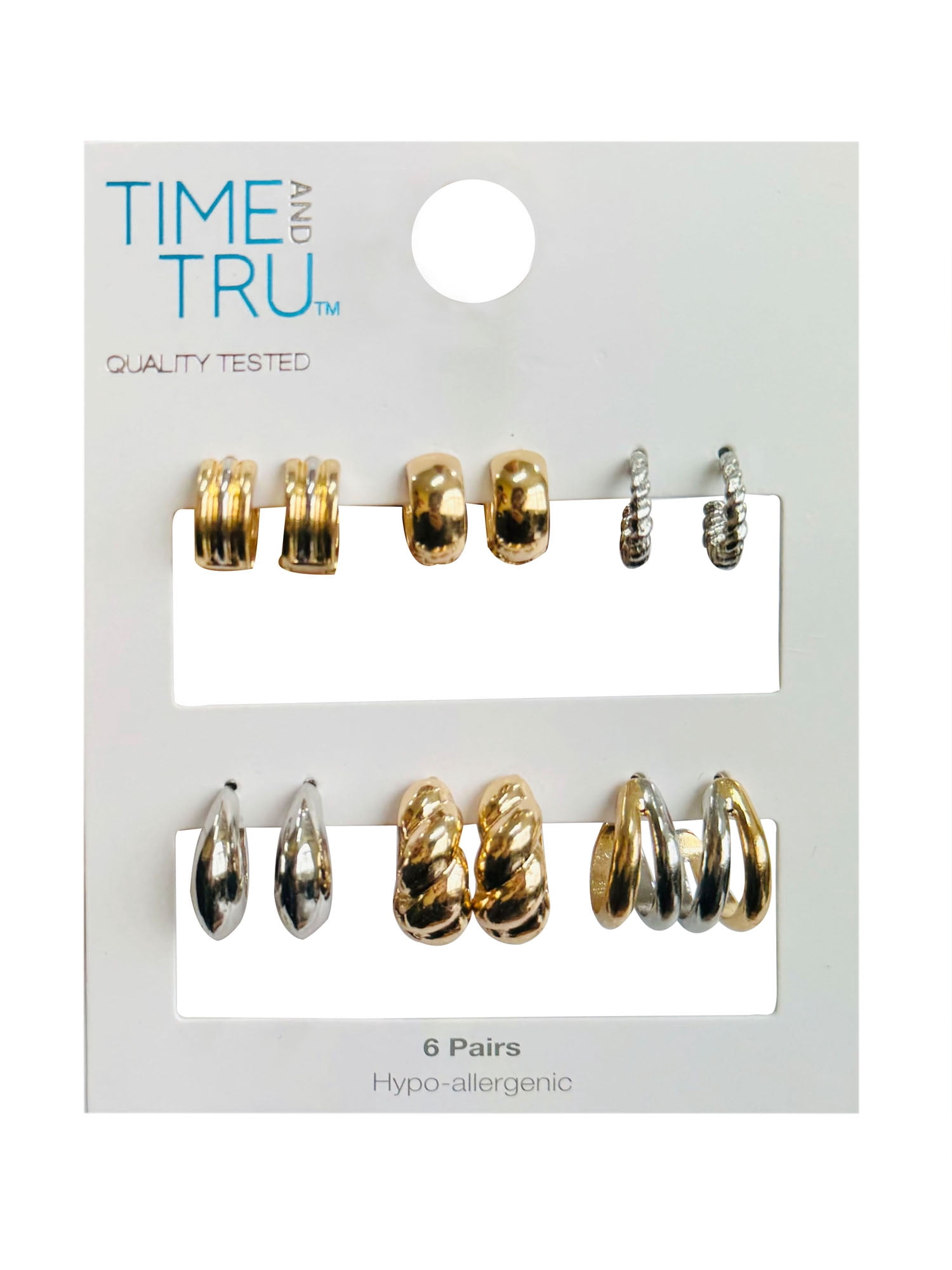 Time and Tru Gold and Silver Two-Tone Textured Hoop Earrings, 6 Pack
