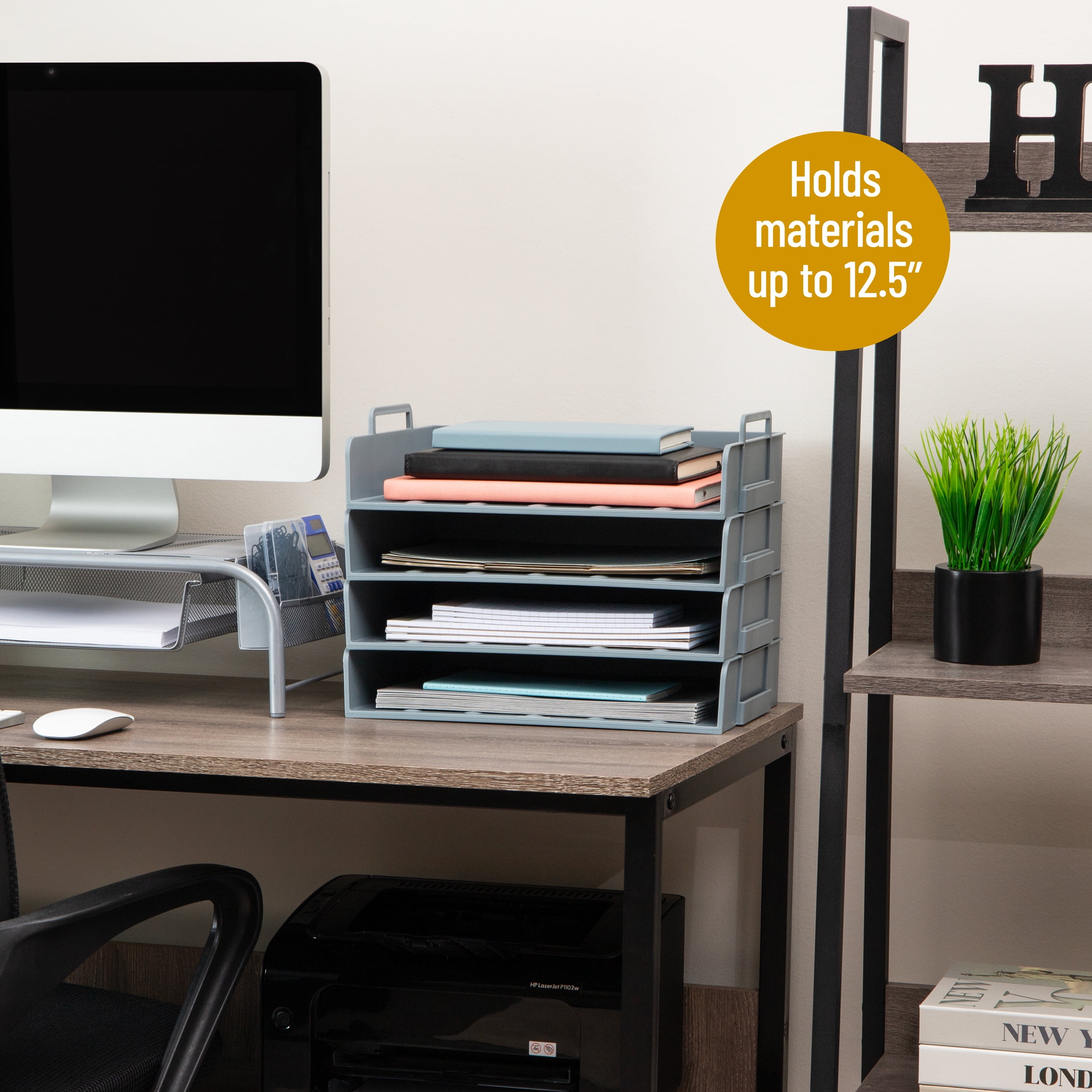 Mind Reader Stackable Paper Tray, Desktop Organizer, File Storage, Office, Plastic, 13.75"L x 10"W x 10.75"H, 4 Pcs., Gray