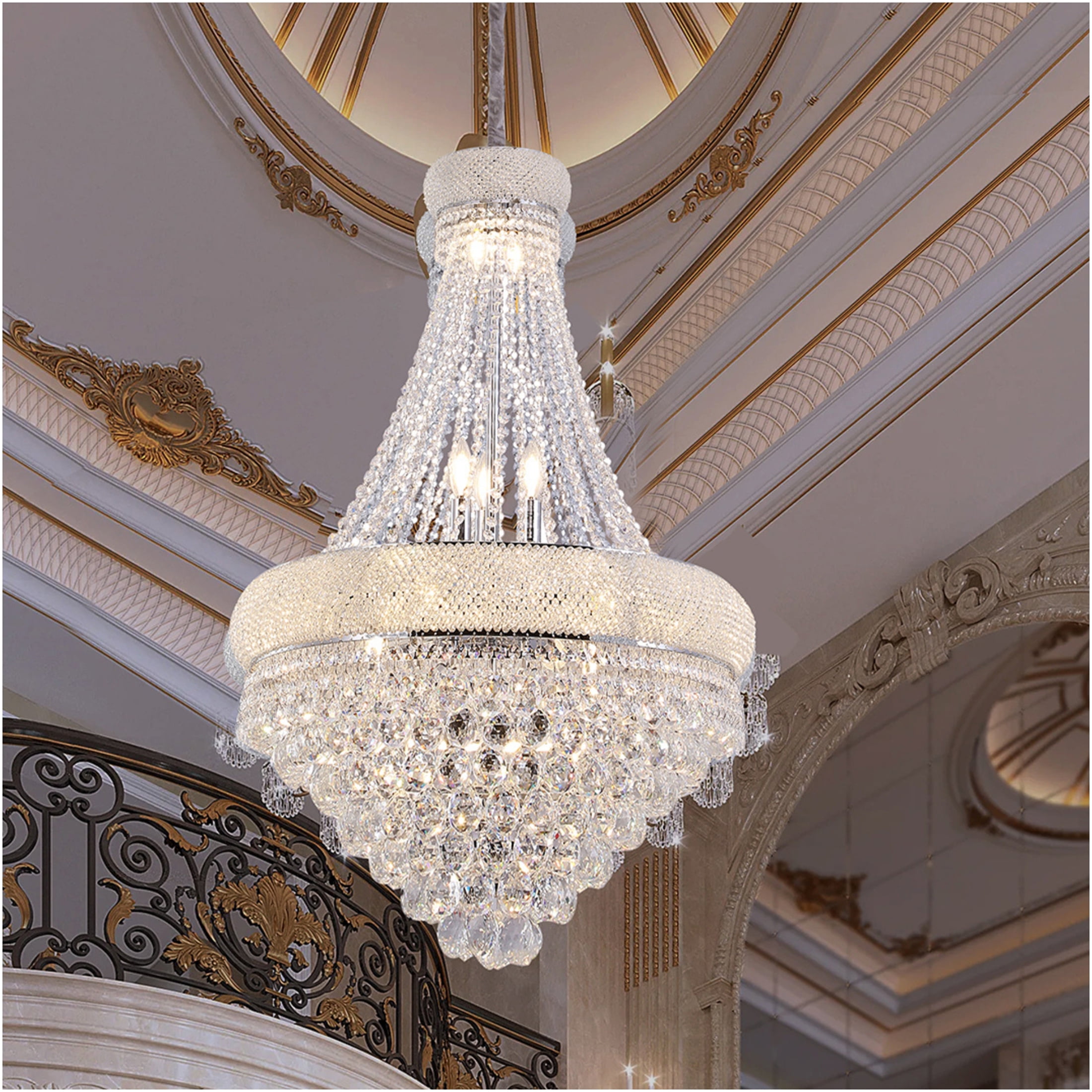 JERFIT 14-Light Crystal Chandelier for Dining Room, Silver Empire Ceiling Light Fixture with K9 Crystals for Living Room, Hallway