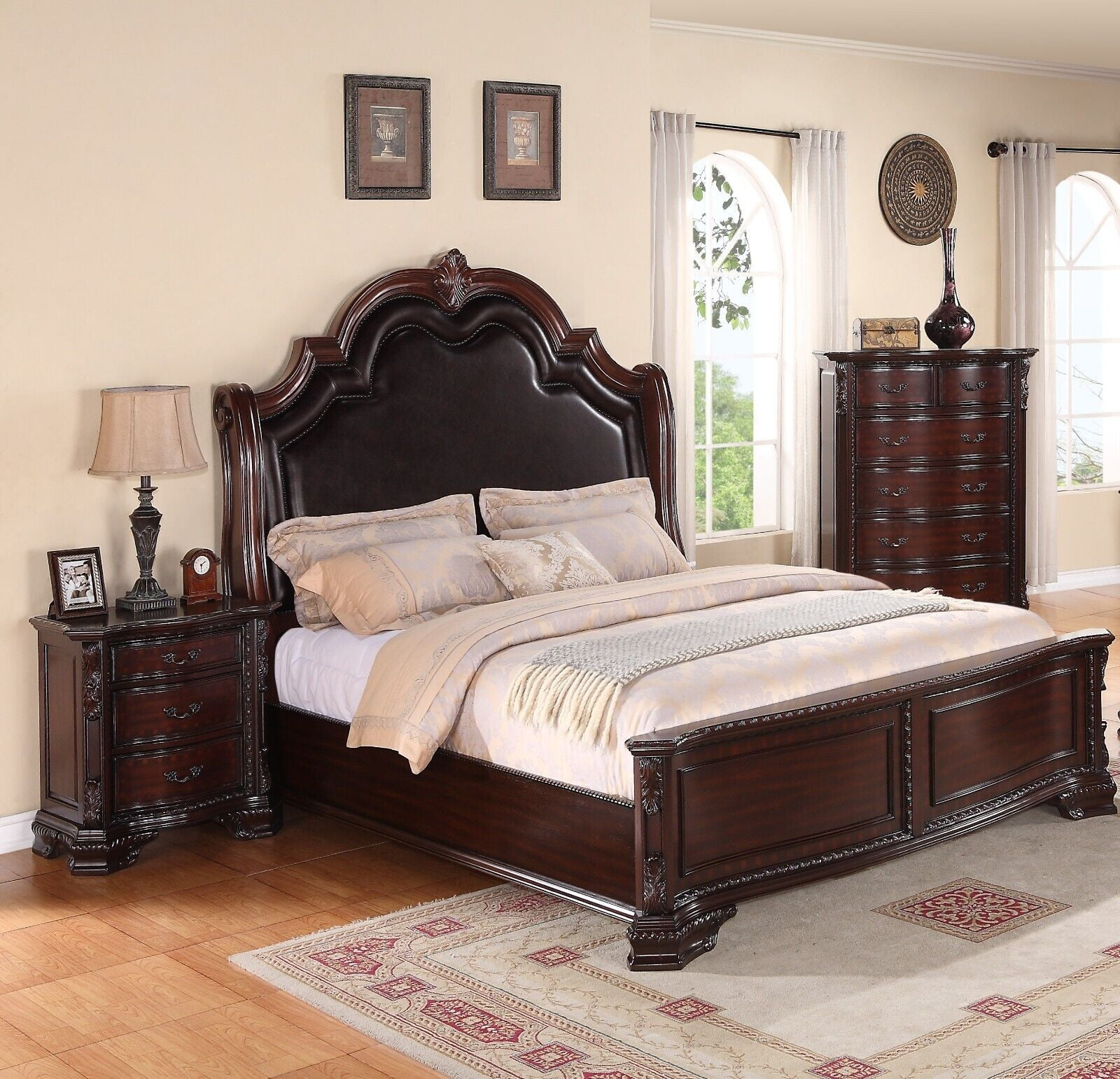 Traditional Formal 3Pc Queen Size Bed Chest Nightstand Set Brown Faux