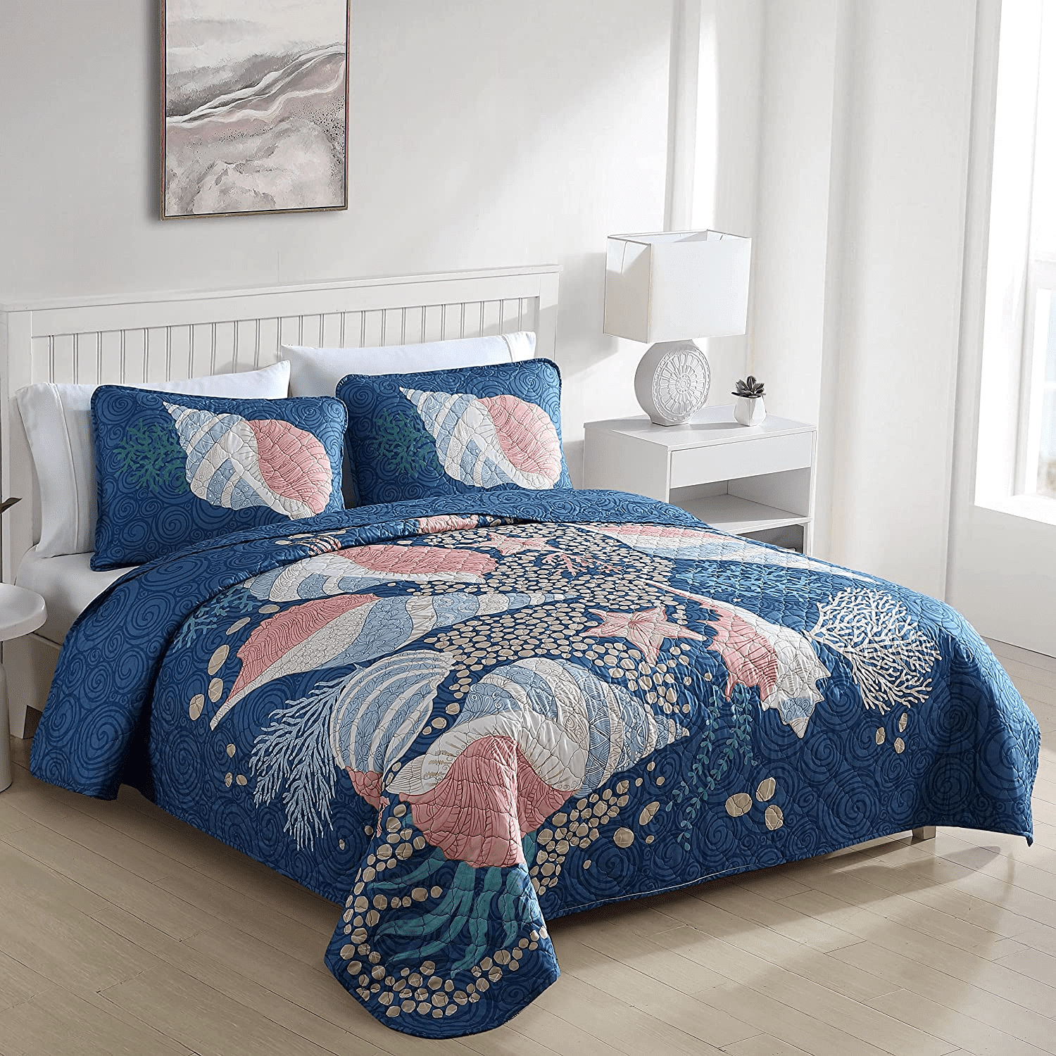 Caribbean Joe Coastal 3PC Quilt Set Blue Turtle - Full - Queen