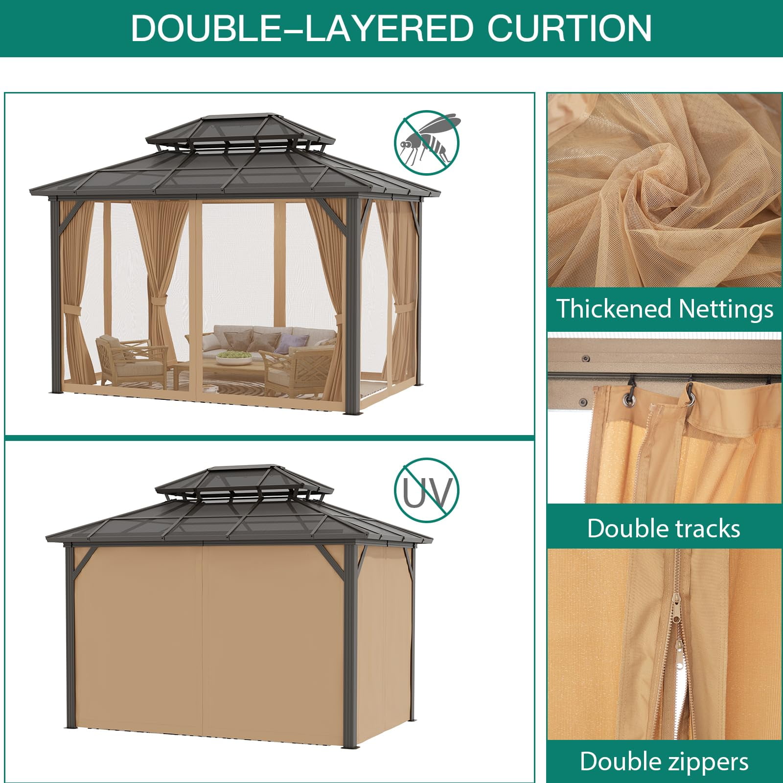 10' x 12'/10' x 13' Hardtop Gazebo, Aluminum Frame Gazebos with Double Roof, Permanent Outdoor Metal Pavilion with Curtain and Netting for Patio, Lawn, Deck