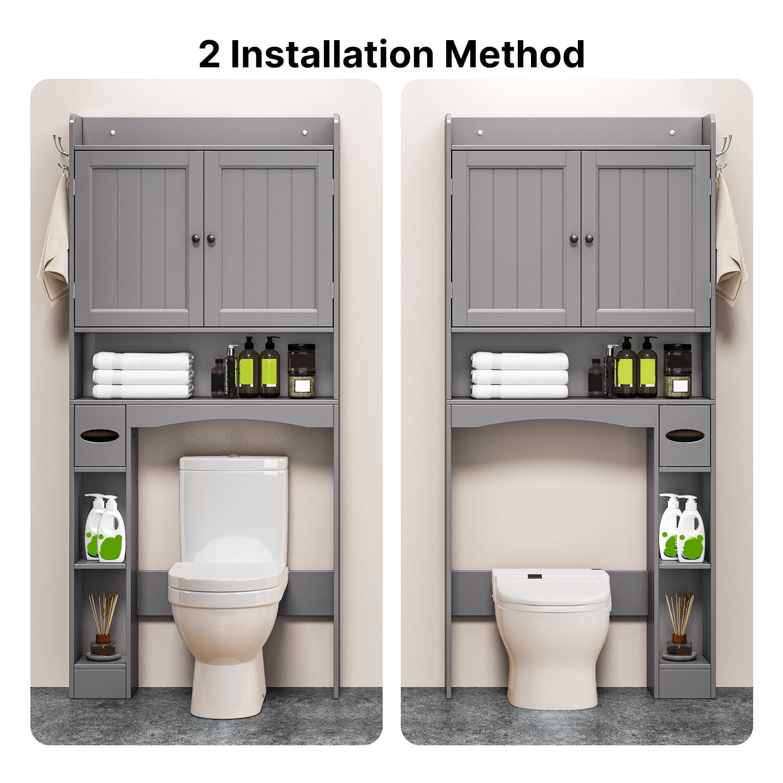 Noelse  Over the Toilet Storage Cabinet, Over Toilet Bathroom Organizer with 2 Doors, Adjustable Shelves, Toilet Paper Holder, 2 Side Hooks, Space-Saver for Bathroom, Laundry, Gray