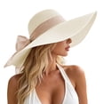 thumbnail image 2 of Women Fashion Sun Hats Wide Brim Straw Beach Hat Large Back Ribbon Bow Foldable Roll-Up Summer Vacation UPF 50+ Beach Gardening Travel Pool Outdoor Daily White M(M), 2 of 5