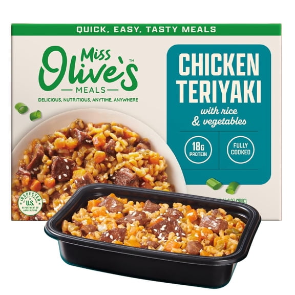 Miss Olives Teriyaki Chicken & Rice Ready Meal 6 Pack (6/10.2 oz Trays) Microwaveable K-12 Meals, High-Protein Heat & Serve Meal for Busy Families, School Lunches & On-the-Go Convenience