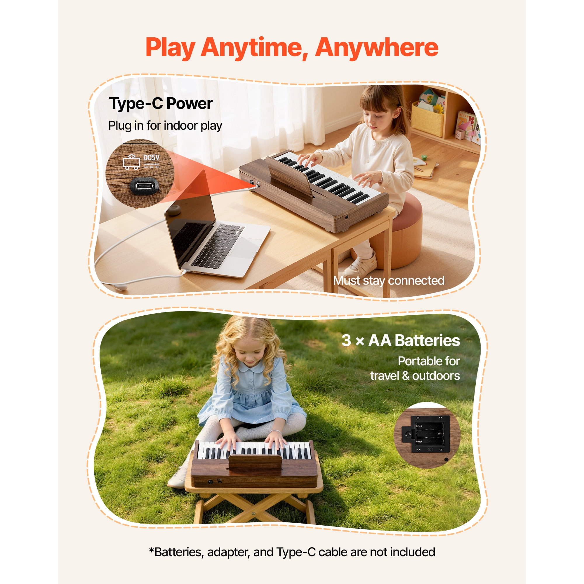 KFFKFF 37-Key Wooden Digital Piano for Kids, Mini Educational Musical Instrument with Realistic Sound, Dual Power Options, Adjustable Volume, Ideal for Toddlers and Children, Walnut Finish