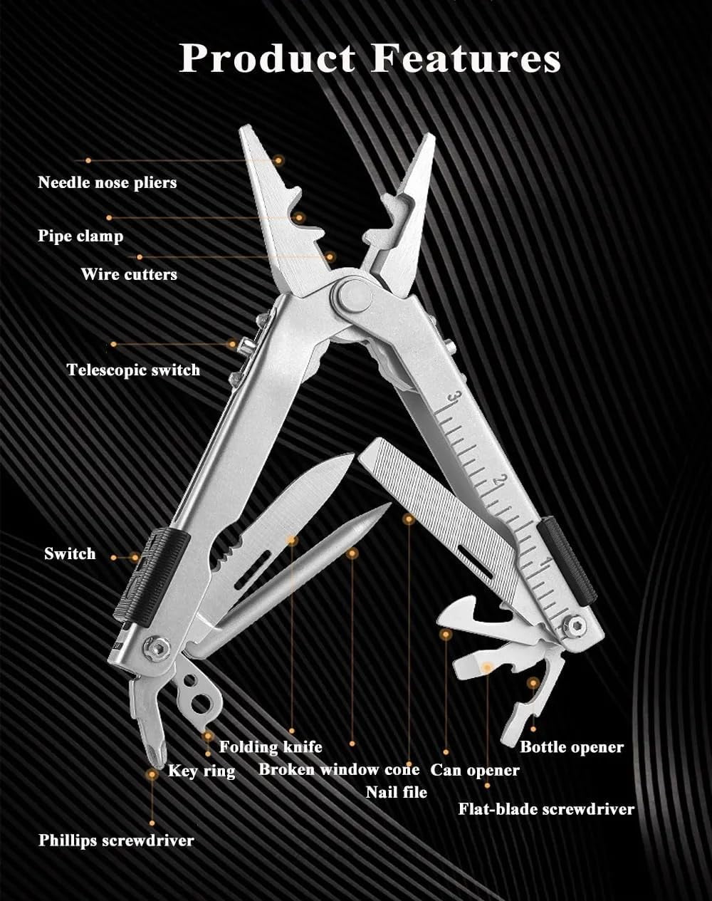ABCISI 13 in 1 Portable Multifunction Tool, Pliers Screwdrivers Ire Stripper Folding Plier Pocket Cutter, EDC Combination Tools for Outdoor Camping Fishing (Silver)