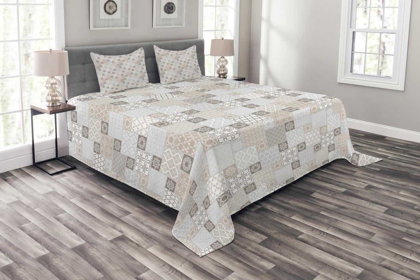 Asian Bedspread Set King Size, Oriental Checkered Pattern Grid Style