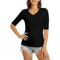 thumbnail image 2 of Womens Slim Fitted T-shirts Polyester Soft Casual V Neck Base Tees Elbow Sleeve Plus Size Summer Tops (3XL, Black), 2 of 6