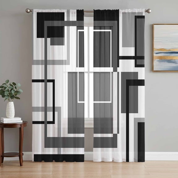 Black Grey Geometric Sheer Curtains 72 Inch Length 2 Panels Set, Gray Abstract Striped Art Voile Window Treatment Rod Pocket Curtains Sheers Drapes for Bedroom/Living Room/Kitchen 52"x72"x2