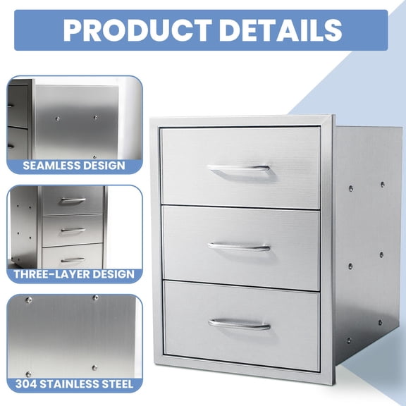 18W x 23D Inch Outdoor Kitchen Triple Drawer, 3-Tier 304 Stainless Steel BBQ Drawer with Chrome Handle, Flush Mount Storage Cabinet for BBQ Island, Grill Station - Rustproof & Smooth Glide