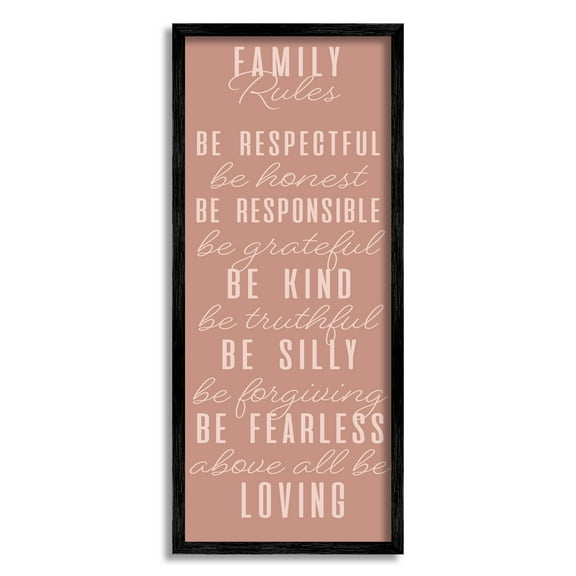 Stupell Industries Pink Chic Family Rules Typography Painting Black Framed Art Print Wall Art, 10 x 24