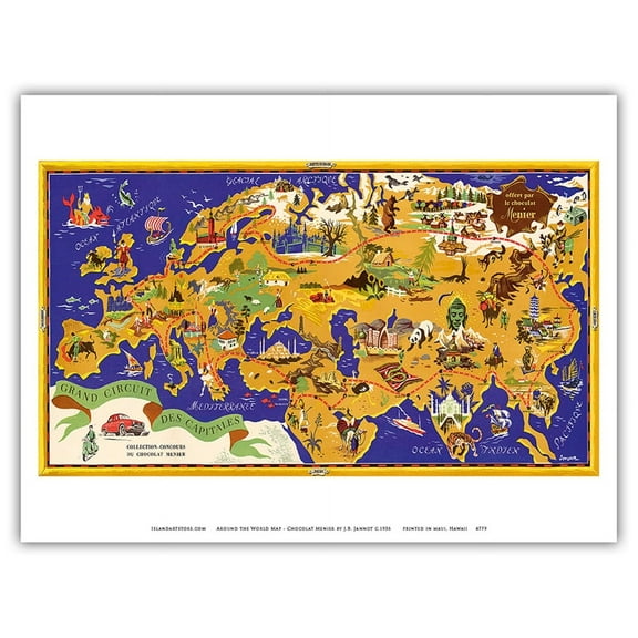 Around the World Map - French Chocolate Company - Circuit des Capitales (Tour of the Capital) - Vintage Pictorial Map by J.B. Jannot c.1956 - Master Art Print (Unframed) 9in x 12in