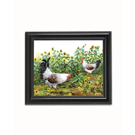 Rooster Framed Art - Rooster Chickens in Sunflowers #2 Black Framed 8x10 Art Print