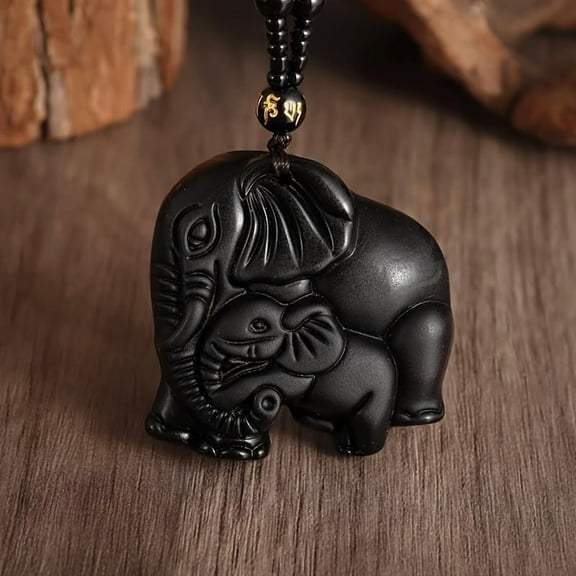 Obsidian auspicious elephant animal pendant bead chain necklace men and women fashion lucky amulet ornament gift,Black