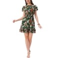 thumbnail image 2 of Vestido de gasa floral con volantes y cuello en V para mujer, con mangas acampanadas y lazo, por encima de la rodilla, en verde esmeralda, 2 of 6