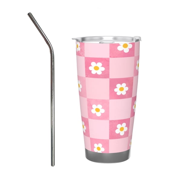 20oz Pink Checkerboard Daisy Tumbler with Handle Stainless Steel Insulated Travel Coffee Cup Gift with Stainless Steel Straw