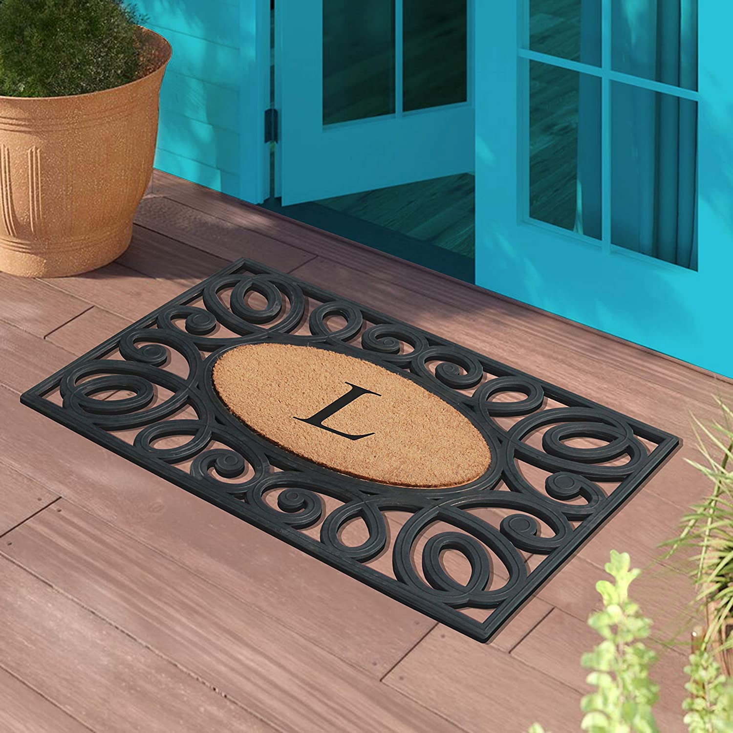 A1HC Elegant Circles Rubber and Coir Mat for Outdoor Entrance Heavy Duty Monogrammed Doormat Black/Beige 23x38