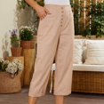 thumbnail image 3 of QUYUON Cropped Wide Leg Pants Womens Capris with Pockets Casual Summer Cotton Linen High Waisted Capris with Buttons Ladies Back Elastic Waist Work Capris Stretchy Cropped Pants, Style P23 Khaki 3XL, 3 of 8