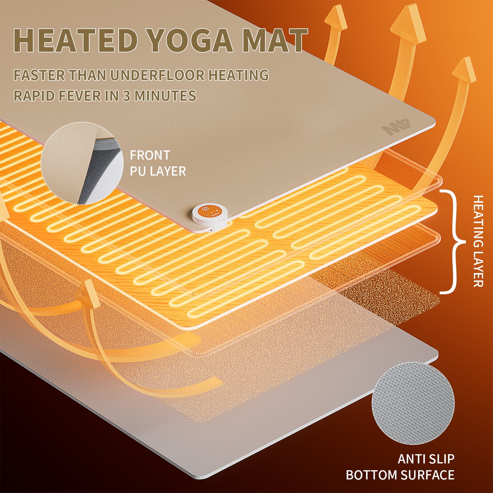4W Heating TPE Non-Slip thick Yoga Mat for Home Workout, 3-Level Adjustable Constant Temperature (Beige)