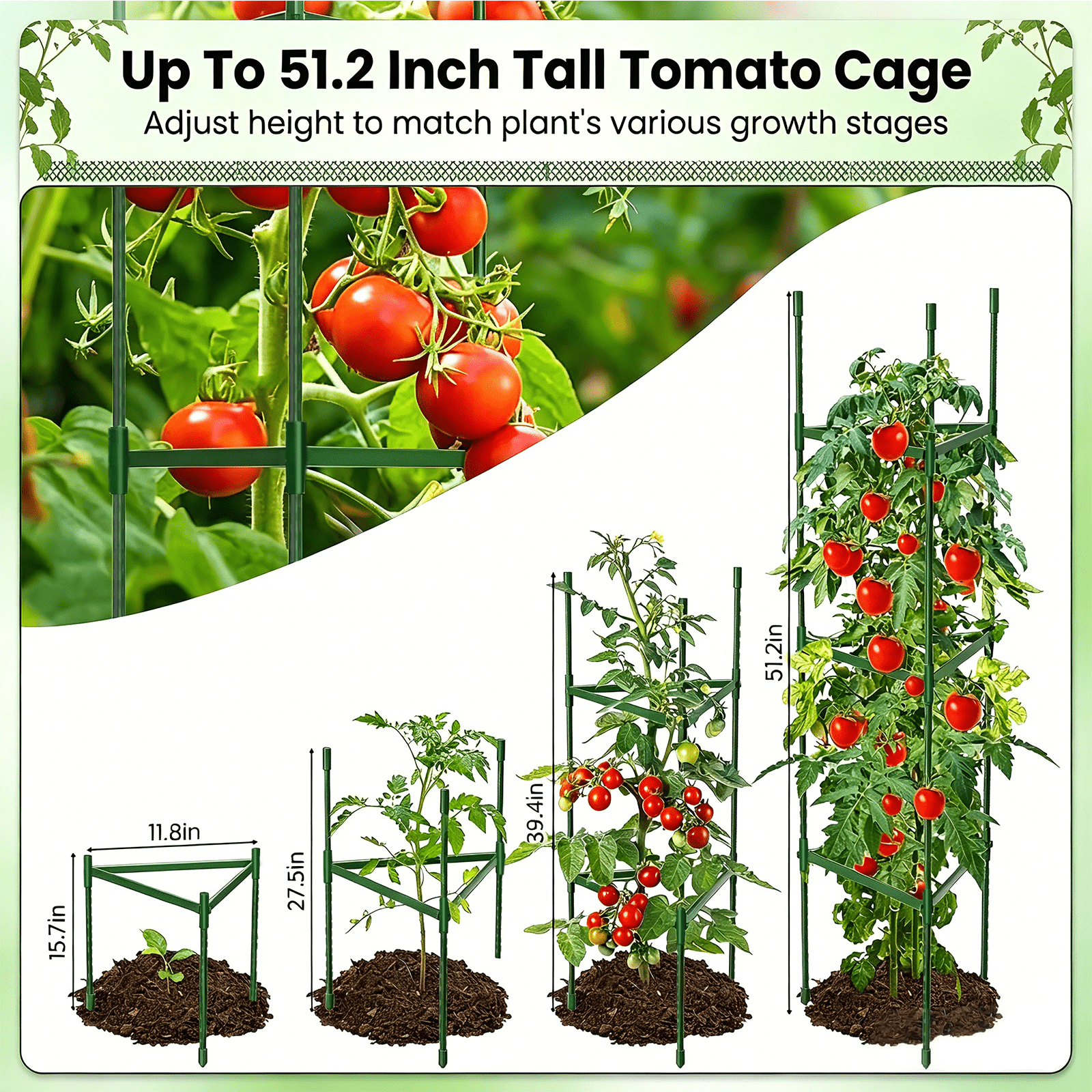 3 Pack Tomato Cages for Garden,51.2"H×11.8"W Tomato Cage Trellis-Upgraded Hexagon Connector,Heavy Duty Adjustable Tomato Stake Support for Raised Garden Bed
