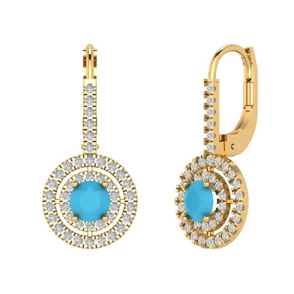 1.35 ct Lever-Back Drop Dangle Earrings for Women | 4.5mm Round Cut Simulated Turquoise | 14K Yellow Gold