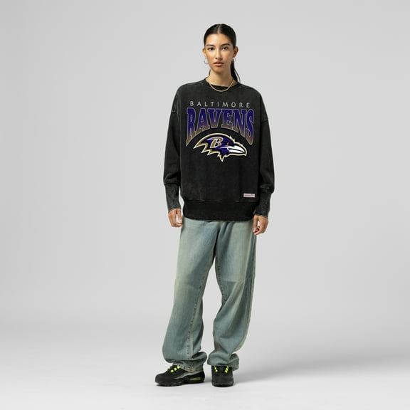 Women's Mitchell & Ness Black Baltimore Ravens Delineate Mineral Wash Crewneck Sweatshirt