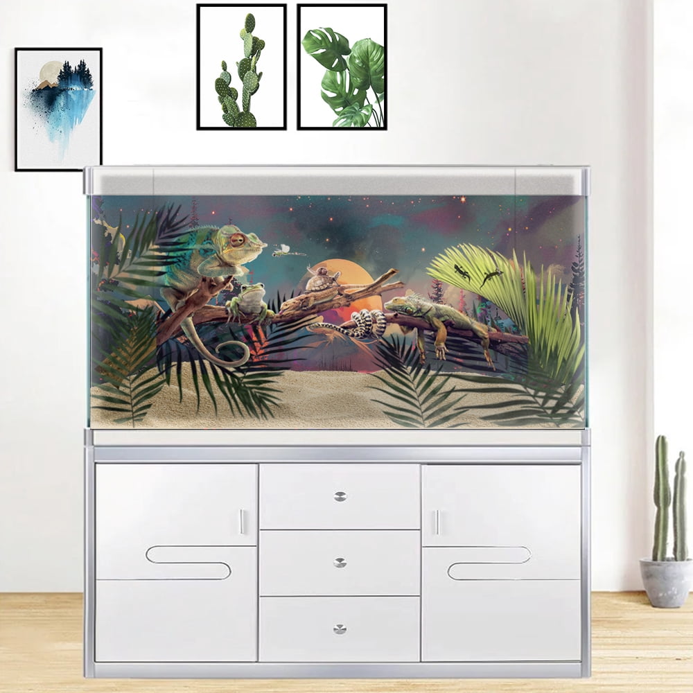 Colorful Planet Aquarium Background, Galaxy Space Tapestry Fantasy Forest Mountain Tank Decorations Background, Aesthetic Floral Plant Art Terrarium Background with 8 EVA Double-Sided Tape