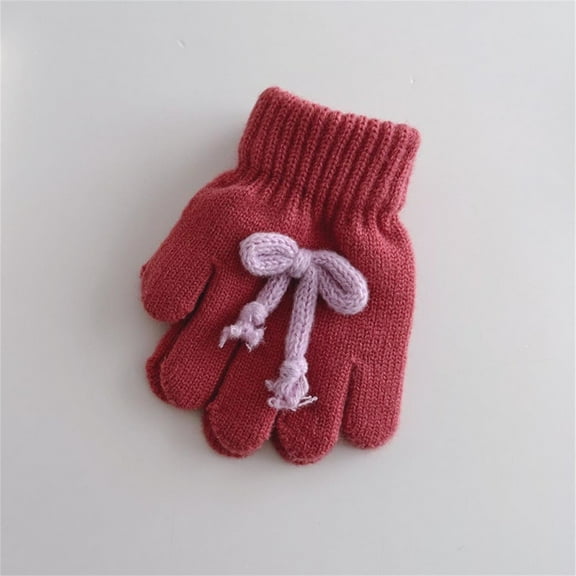NAISIBABY Girls Winter Gloves, Thicken Warm Cute Bowknot Full Finger Stretch Knit Outdoor Gloves Watermelon Red