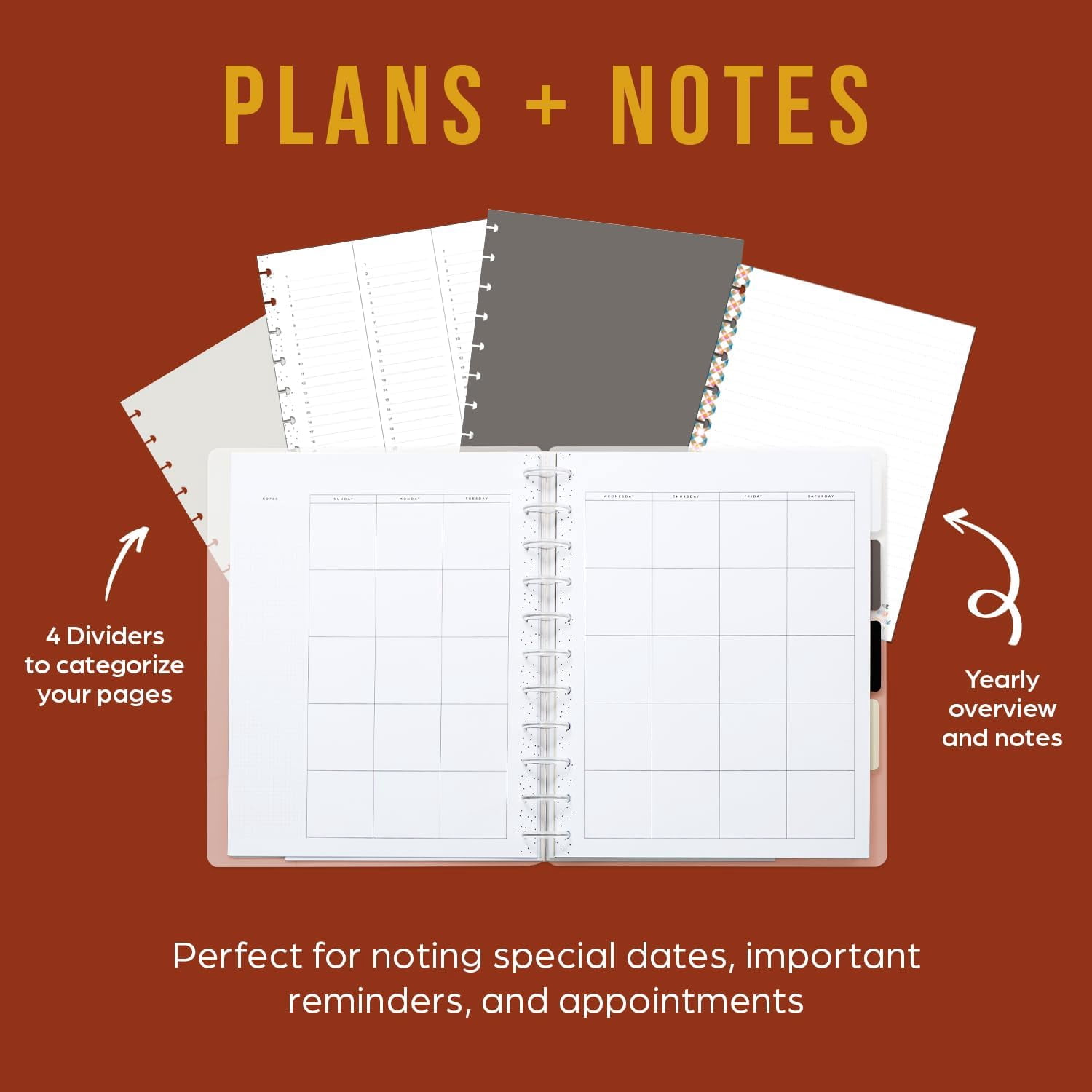 The Happy Planner Undated Plans + Notes Monthly Planner – Big (8.5″ × 11″) – Modern Texture Cover, 12-Month Undated Calendar + Lined Notes