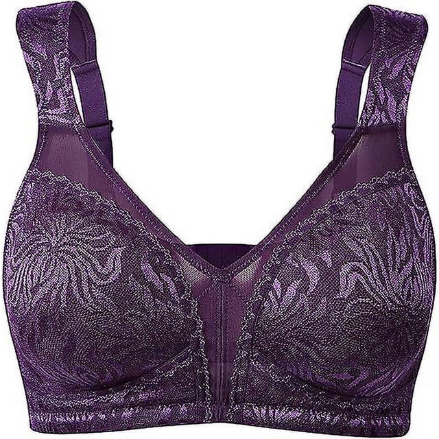 sujetador reductor de copa completa para mujer, tirantes anchos, sin aros, sin relleno, talla grande 38d — Vista frontal centrada de un sujetador multicolor (púrpura visible) de cobertura total con tirantes anchos ajustables y cierre de gancho y ojo; copas sin relleno con costuras y detalle floral en encaje y borde de malla, banda inferior ancha y tejido declarado 82%/83% nailon y 17–18% elastano. Puede usarse también como opción de sujeción ligera para descanso.