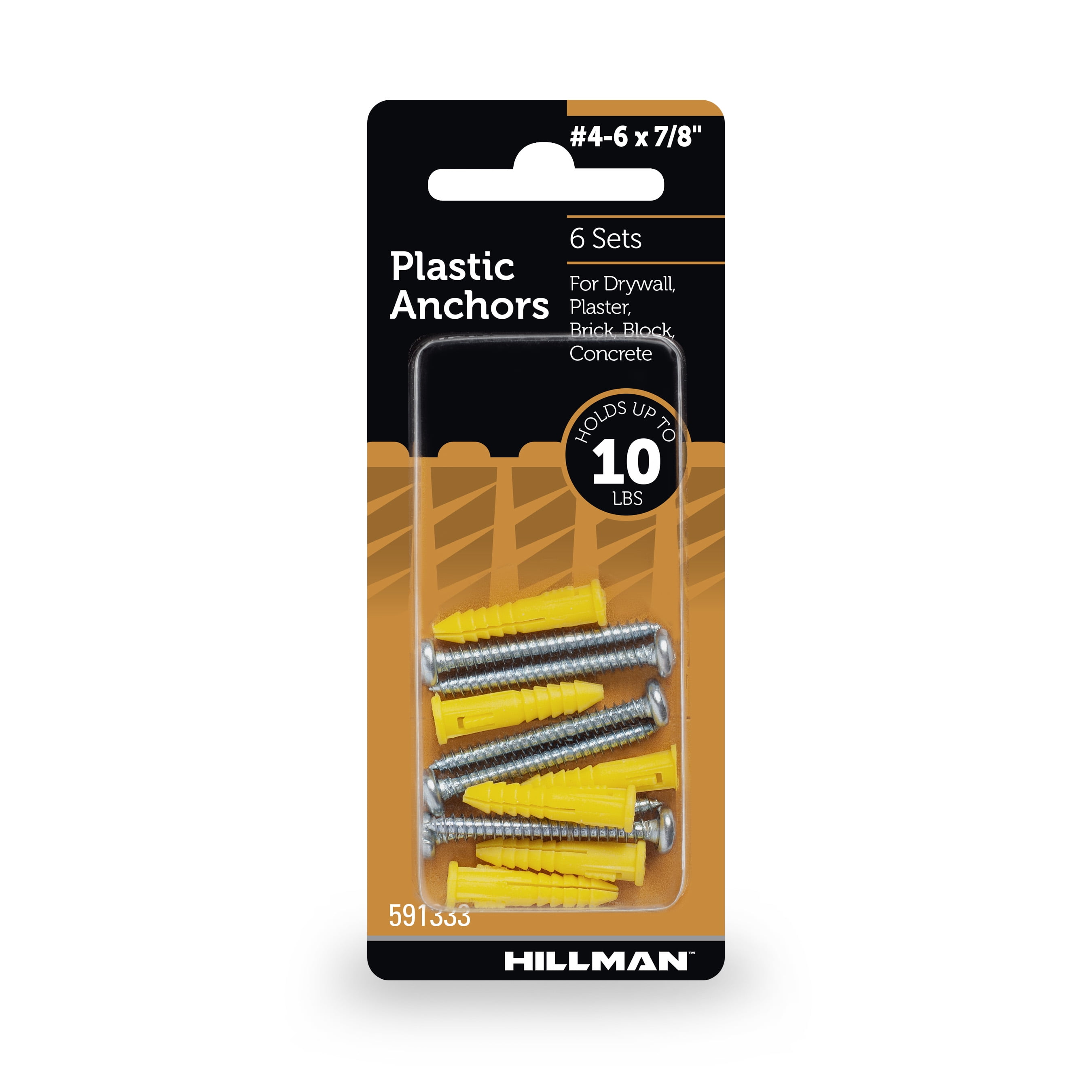 (4 pack) Hillman Multi-Material Ribbed Anchor Screws, #4-6 x 7/8", Plastic and Steel, 10 lbs, Yellow, 6 sets