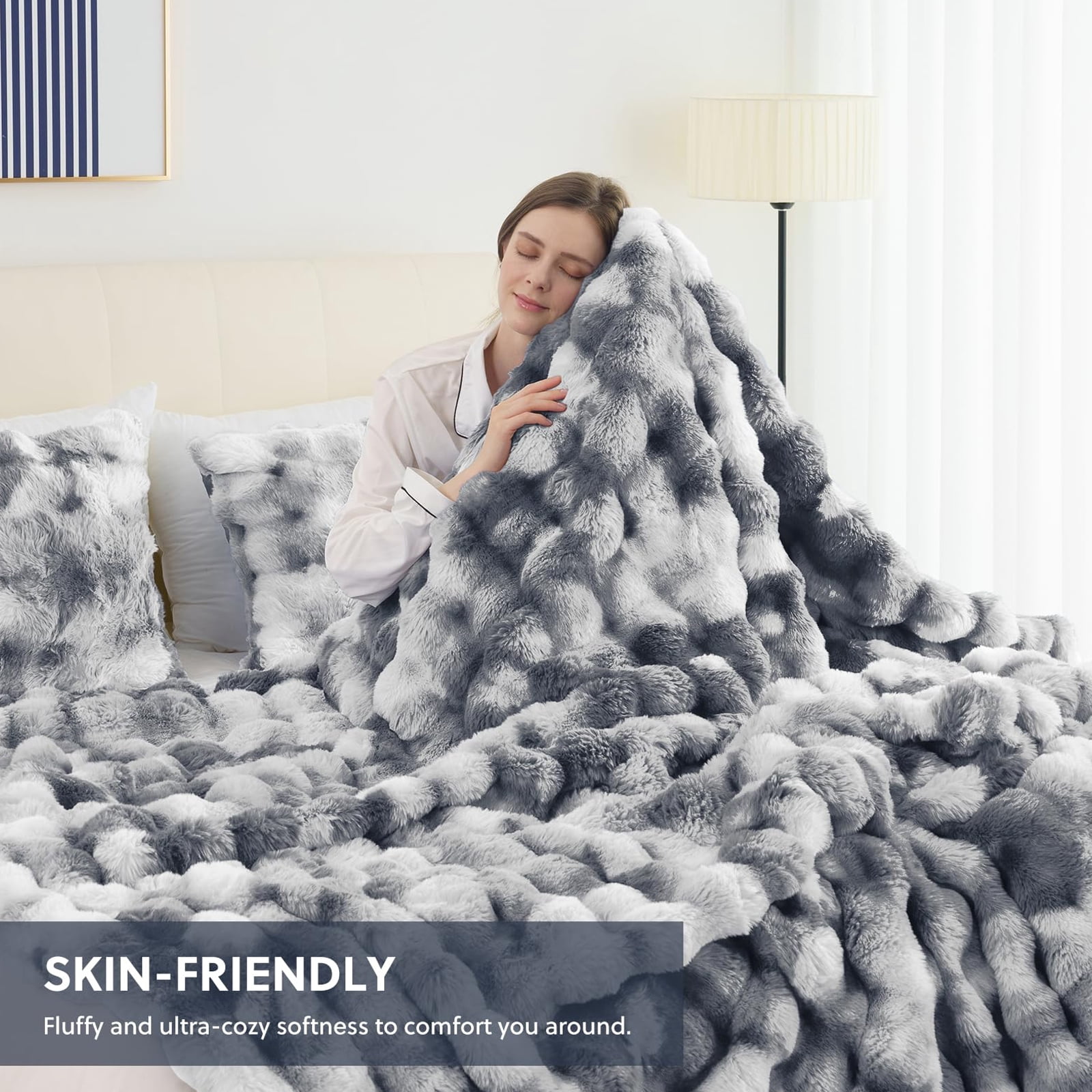 Cozylore Faux Fur Throw Blanket for Couch Luxury Fluffy Thick Bubble Blanket Warm Cozy Throw for Bedroom Living Room, 50" x 60", Tie-Dye Gray