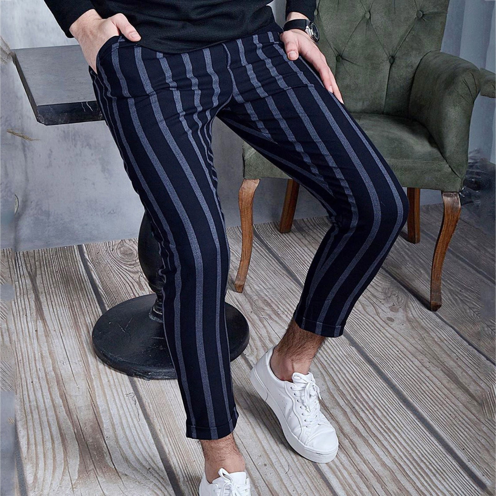 Buy Men Blue Stripe Slim Fit Casual Trousers Online - 777066 | Peter England